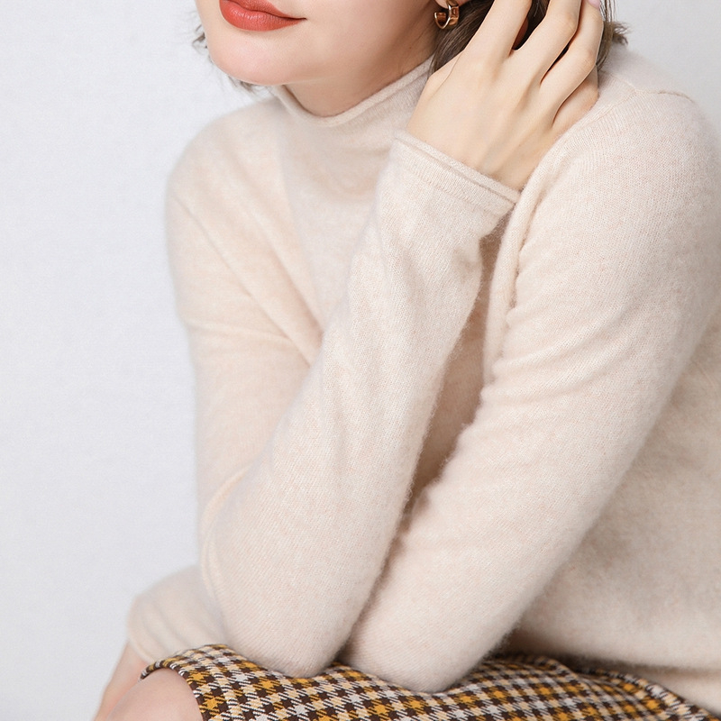 Dámsky pletený sveter s polovičným rolákom a vlnou, 100% vlna, jeseň a zima 2024, kašmírový sveter v západnom štýle