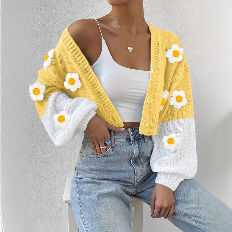 2024 Amazonský cezhraničný pletený sveter Retro pletený farebný kardigan Jednofarebný kvetinový prvok Amazonský európsky a americký štýl