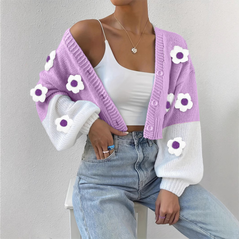 2024 Amazonský cezhraničný pletený sveter Retro pletený farebný kardigan Jednofarebný kvetinový prvok Amazonský európsky a americký štýl