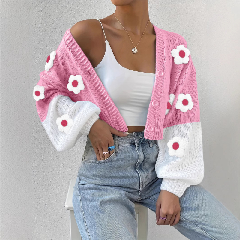 2024 Amazonský cezhraničný pletený sveter Retro pletený farebný kardigan Jednofarebný kvetinový prvok Amazonský európsky a americký štýl