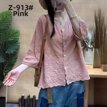 Retro jednofarebný sedembodový rukávový top košeľa 2024 Leto Nový trojrozmerný vyšívaný čipkovaný elegantný dámsky top kardigan