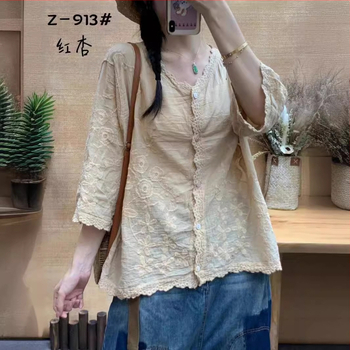 Retro jednofarebný sedembodový rukávový top košeľa 2024 Leto Nový trojrozmerný vyšívaný čipkovaný elegantný dámsky top kardigan