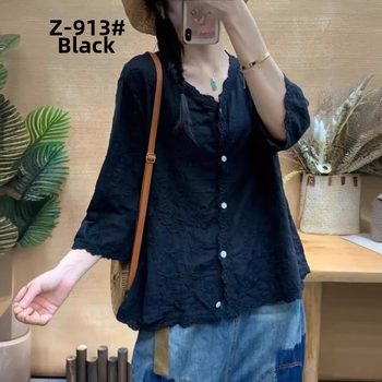 Retro jednofarebný sedembodový rukávový top košeľa 2024 Leto Nový trojrozmerný vyšívaný čipkovaný elegantný dámsky top kardigan