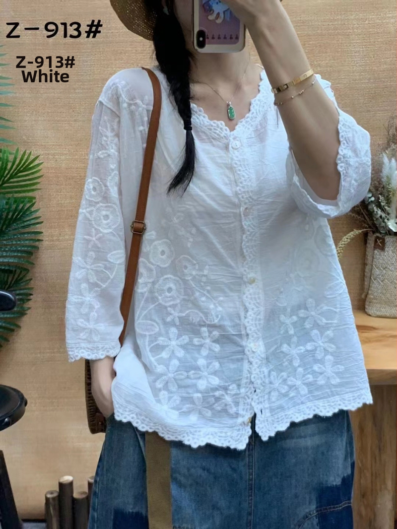 Retro jednofarebný sedembodový rukávový top košeľa 2024 Leto Nový trojrozmerný vyšívaný čipkovaný elegantný dámsky top kardigan