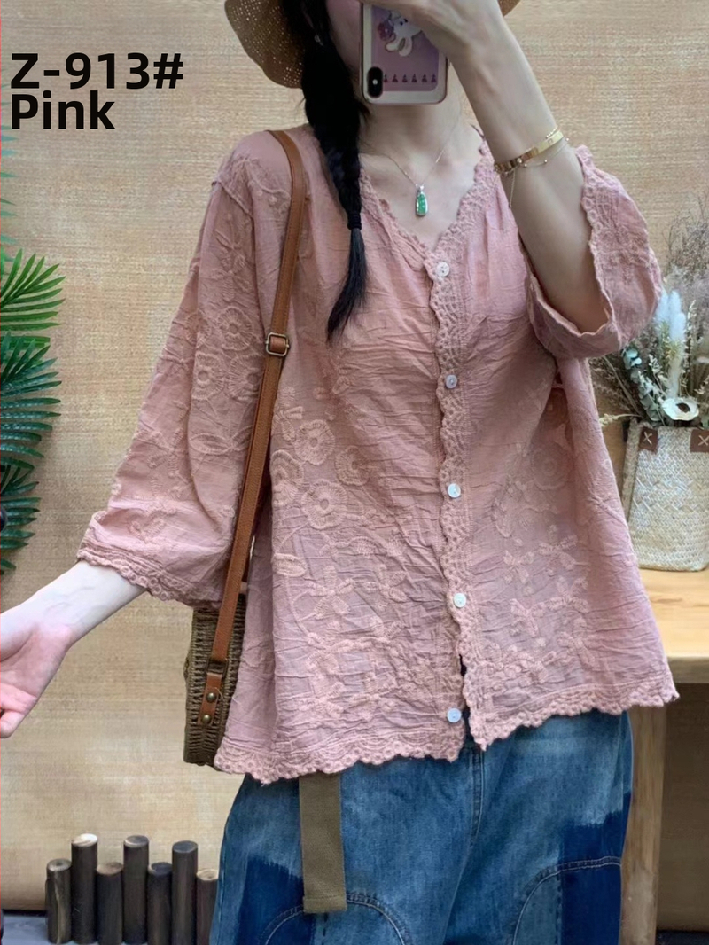 Retro jednofarebný sedembodový rukávový top košeľa 2024 Leto Nový trojrozmerný vyšívaný čipkovaný elegantný dámsky top kardigan