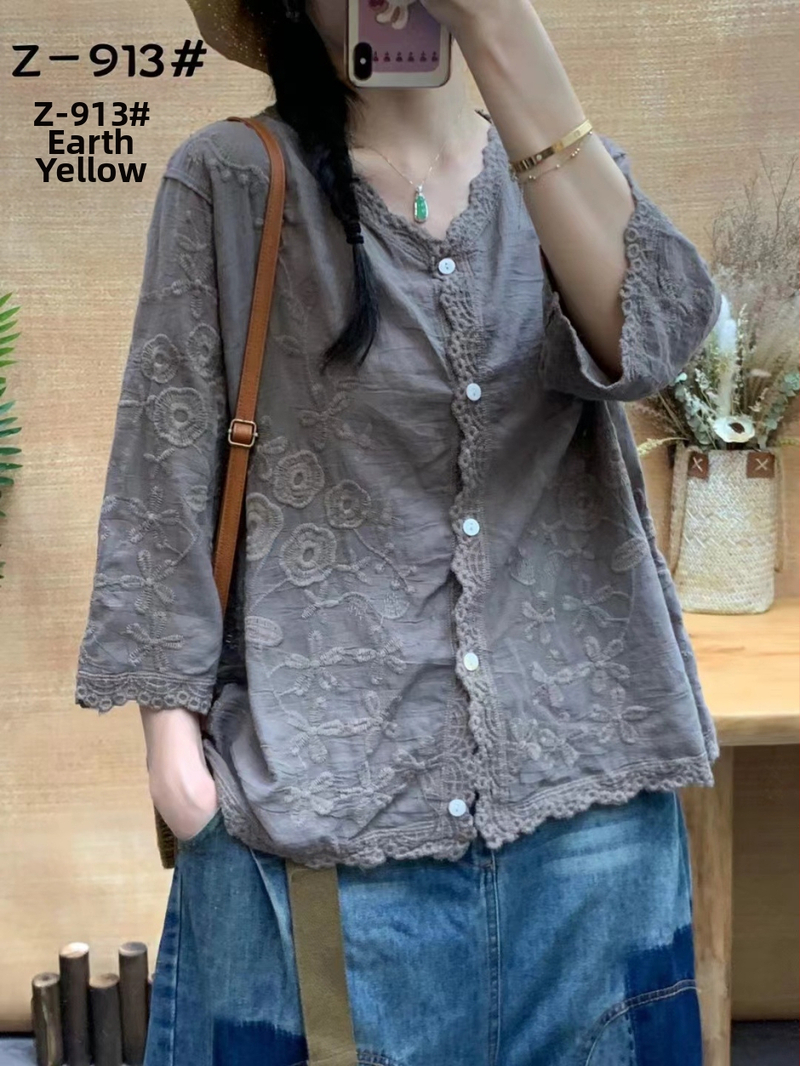 Retro jednofarebný sedembodový rukávový top košeľa 2024 Leto Nový trojrozmerný vyšívaný čipkovaný elegantný dámsky top kardigan