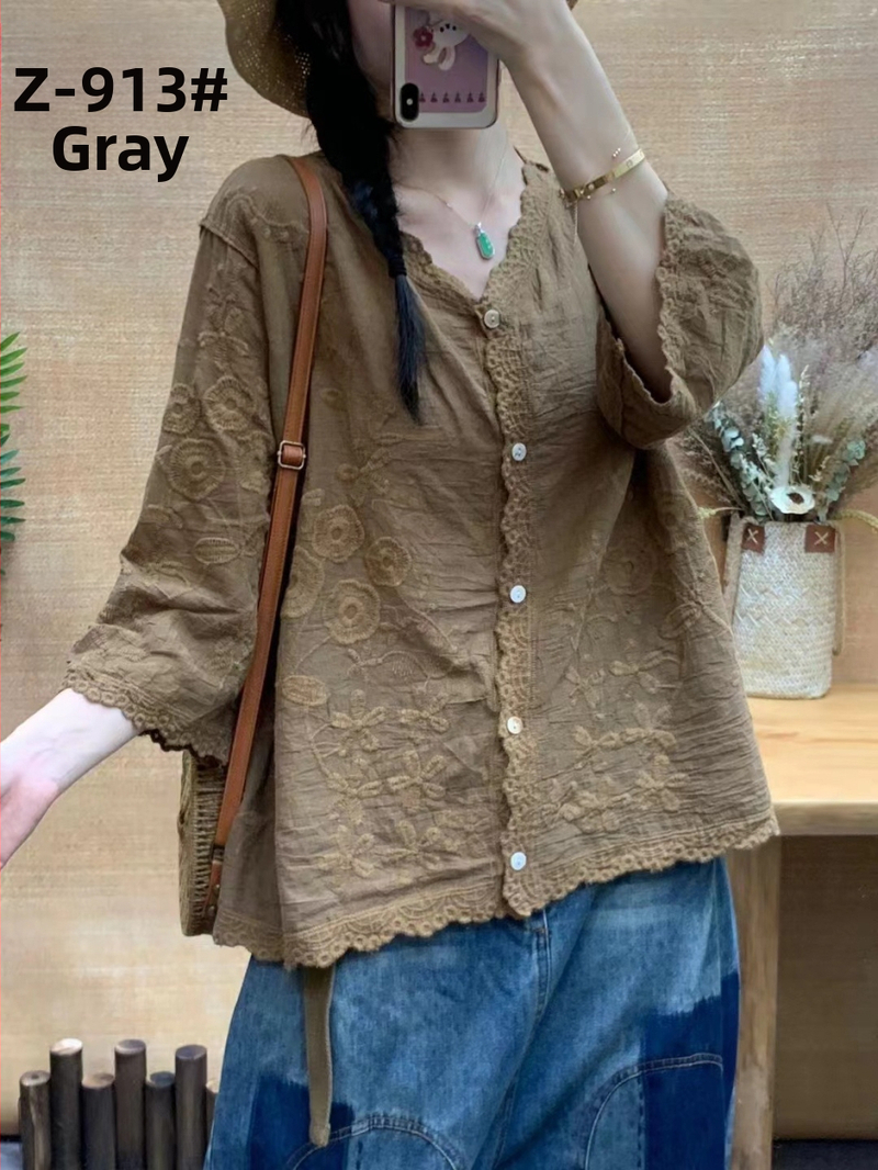 Retro jednofarebný sedembodový rukávový top košeľa 2024 Leto Nový trojrozmerný vyšívaný čipkovaný elegantný dámsky top kardigan