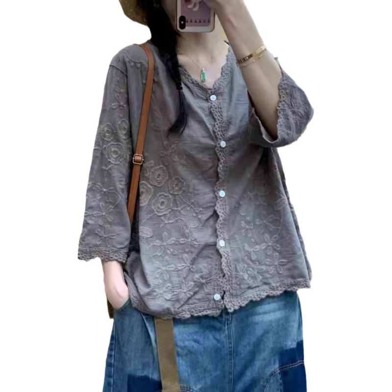 Retro jednofarebný sedembodový rukávový top košeľa 2024 Leto Nový trojrozmerný vyšívaný čipkovaný elegantný dámsky top kardigan