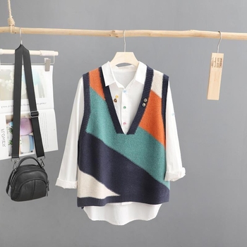 Kevad ja sügis 2024 uus naiste rõivaste kontrastvärvi V-kaelusega kampsun, virnastatud vest