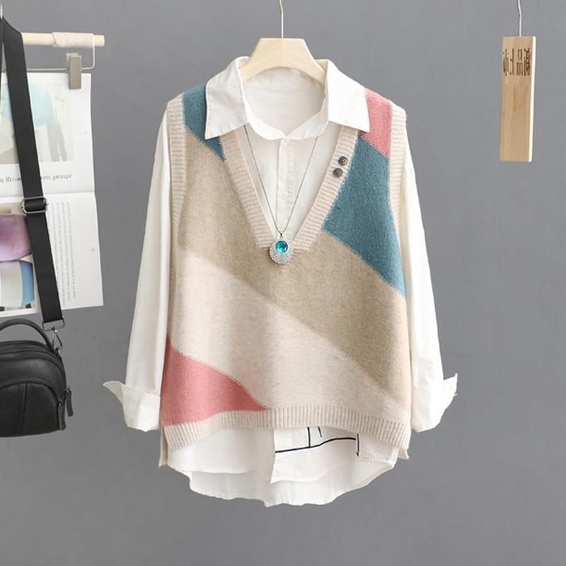 Kevad ja sügis 2024 uus naiste rõivaste kontrastvärvi V-kaelusega kampsun, virnastatud vest