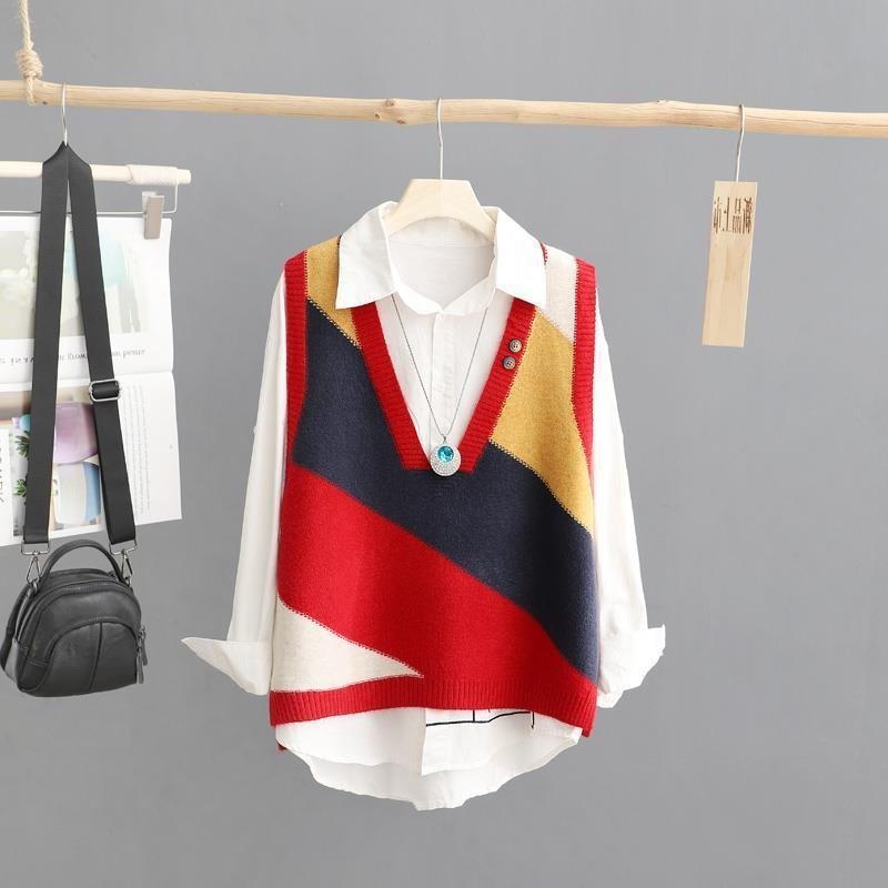 Kevad ja sügis 2024 uus naiste rõivaste kontrastvärvi V-kaelusega kampsun, virnastatud vest