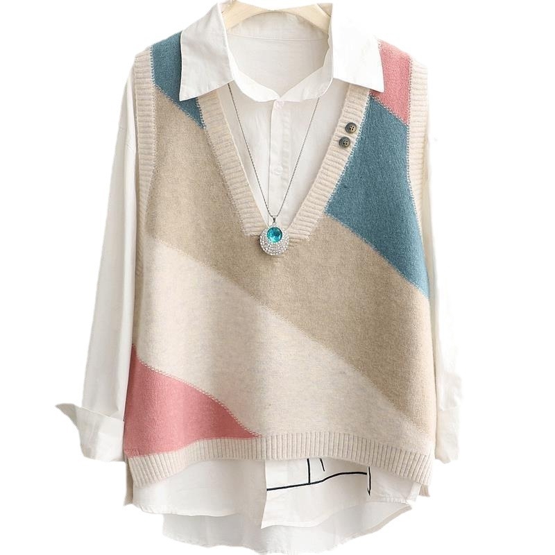 Kevad ja sügis 2024 uus naiste rõivaste kontrastvärvi V-kaelusega kampsun, virnastatud vest