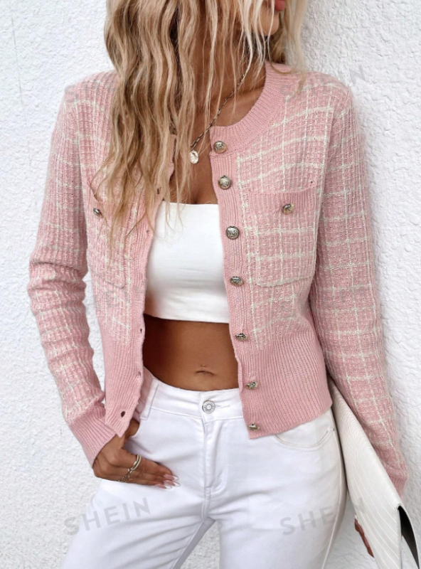 2024 Amazon European and American Export Independent Station Plaid Pattern 2024 Jarný a jesenný kardigan s preklopenými detailmi a gombíkmi