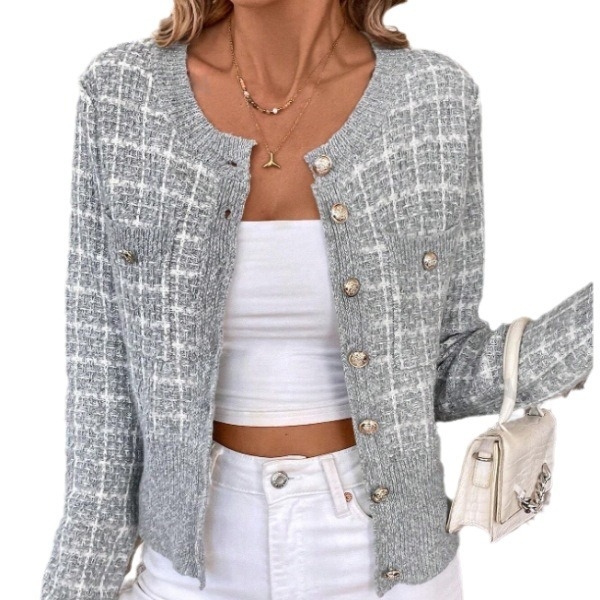 2024 Amazon European and American Export Independent Station Plaid Pattern 2024 Jarný a jesenný kardigan s preklopenými detailmi a gombíkmi