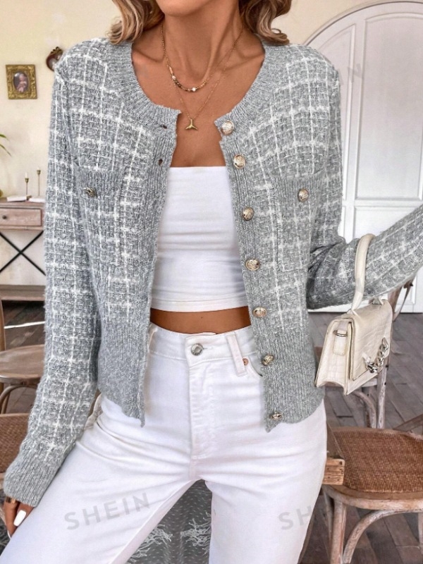 2024 Amazon European and American Export Independent Station Plaid Pattern 2024 Jarný a jesenný kardigan s preklopenými detailmi a gombíkmi