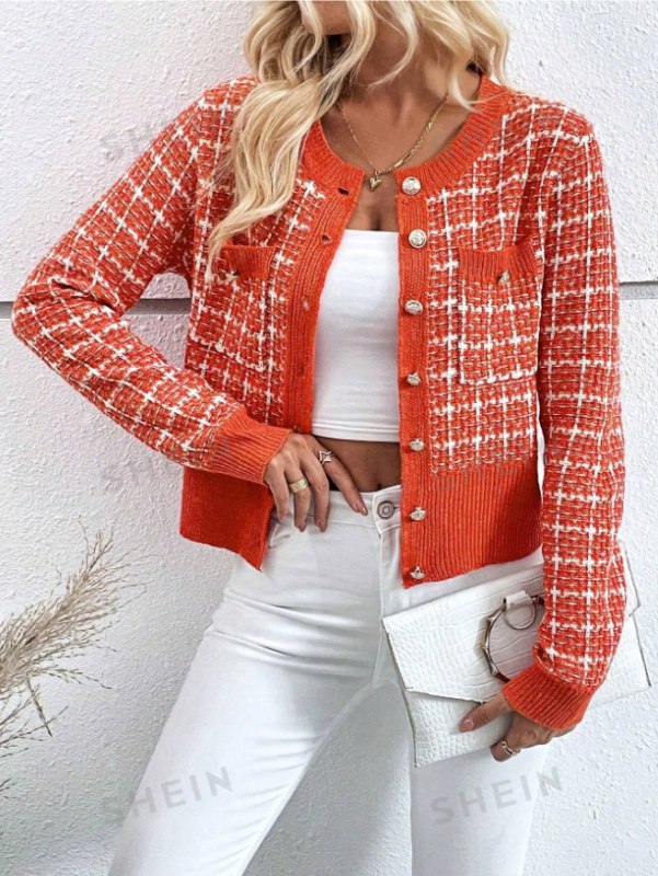 2024 Amazon European and American Export Independent Station Plaid Pattern 2024 Jarný a jesenný kardigan s preklopenými detailmi a gombíkmi