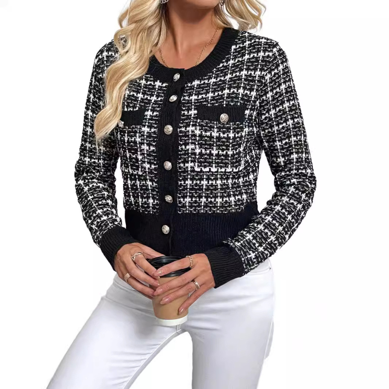 2024 Amazon European and American Export Independent Station Plaid Pattern 2024 Jarný a jesenný kardigan s preklopenými detailmi a gombíkmi