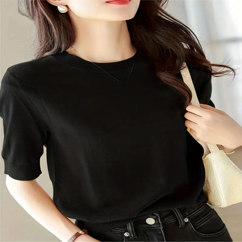 2024 cezhraničný Amazon nové jarné a letné jednofarebné tričko s okrúhlym výstrihom, elegantný vetruodolný sveter s krátkym rukávom, dámsky sveter