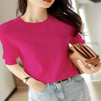 2024 cezhraničný Amazon nové jarné a letné jednofarebné tričko s okrúhlym výstrihom, elegantný vetruodolný sveter s krátkym rukávom, dámsky sveter