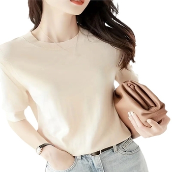 2024 cezhraničný Amazon nové jarné a letné jednofarebné tričko s okrúhlym výstrihom, elegantný vetruodolný sveter s krátkym rukávom, dámsky sveter