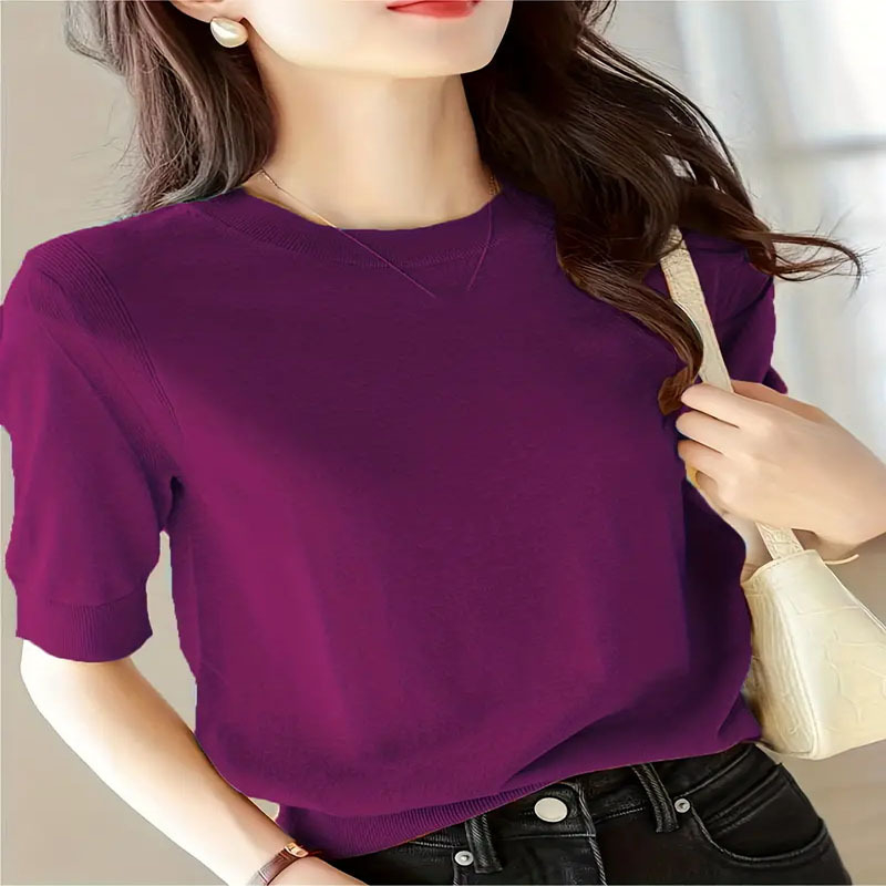 2024 cezhraničný Amazon nové jarné a letné jednofarebné tričko s okrúhlym výstrihom, elegantný vetruodolný sveter s krátkym rukávom, dámsky sveter