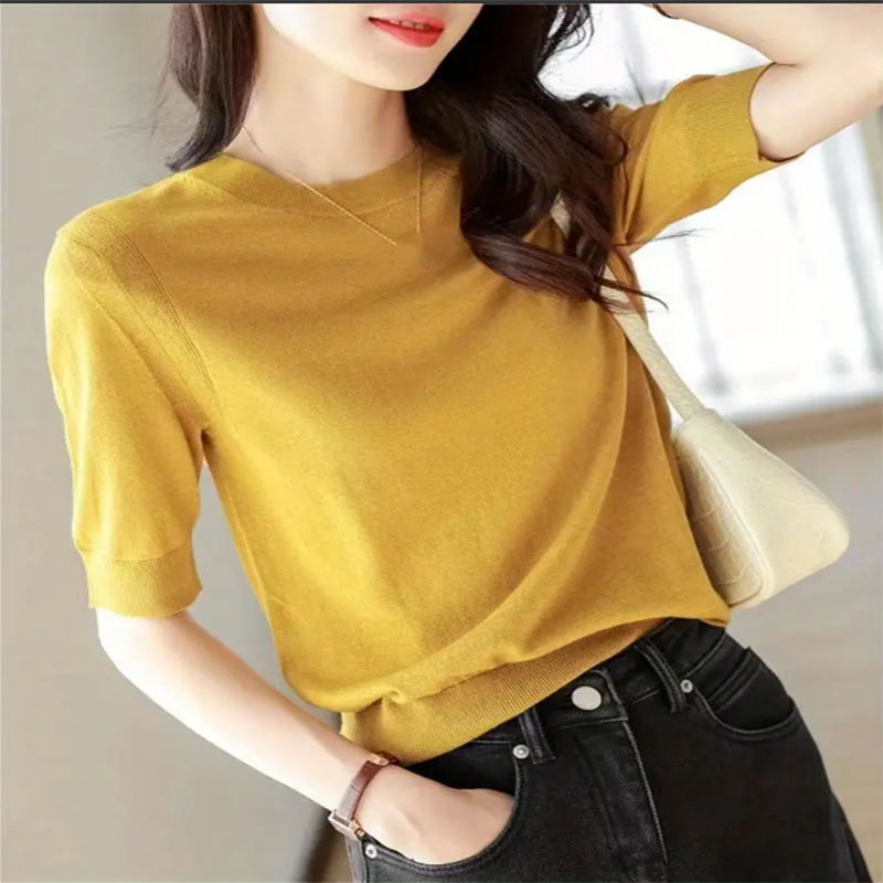 2024 cezhraničný Amazon nové jarné a letné jednofarebné tričko s okrúhlym výstrihom, elegantný vetruodolný sveter s krátkym rukávom, dámsky sveter