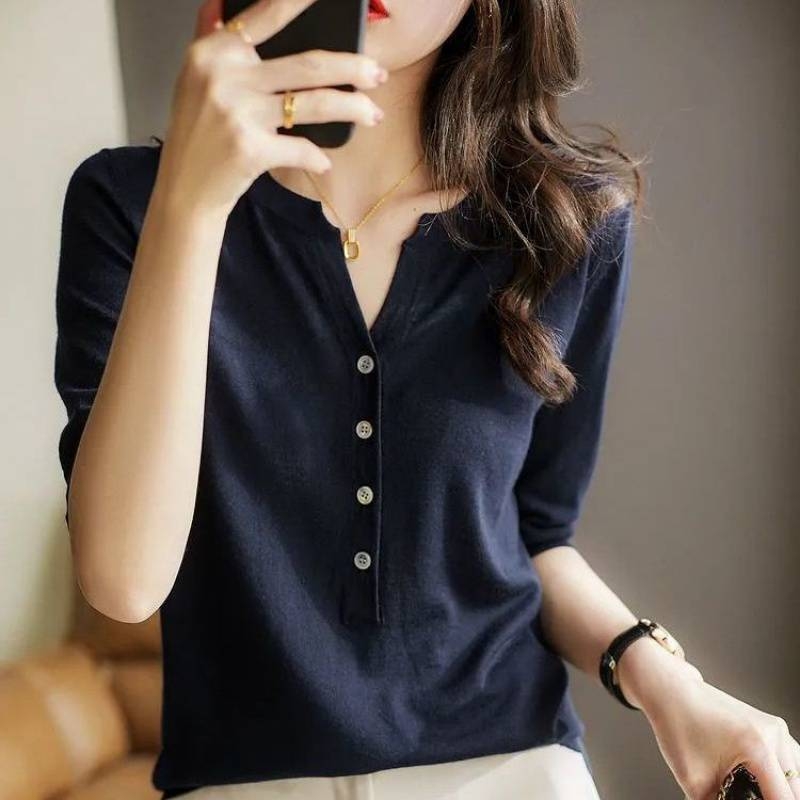 Ľahké luxusné tenké tričko s krátkym rukávom a okrúhlym výstrihom, dámske letné voľné tričko veľkej veľkosti s krátkym rukávom, ktoré redukuje vek