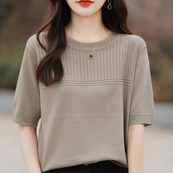 Ljetni jednobojni pleteni top od ledene svile s kratkim rukavima, novi stilski dizajn, smisao za majke srednjih godina, ženske majice s polurukavima