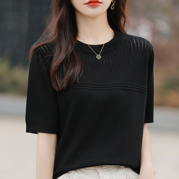 Ljetni jednobojni pleteni top od ledene svile s kratkim rukavima, novi stilski dizajn, smisao za majke srednjih godina, ženske majice s polurukavima