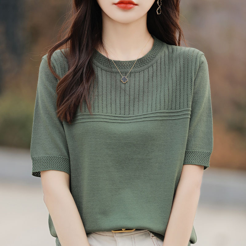 Ljetni jednobojni pleteni top od ledene svile s kratkim rukavima, novi stilski dizajn, smisao za majke srednjih godina, ženske majice s polurukavima