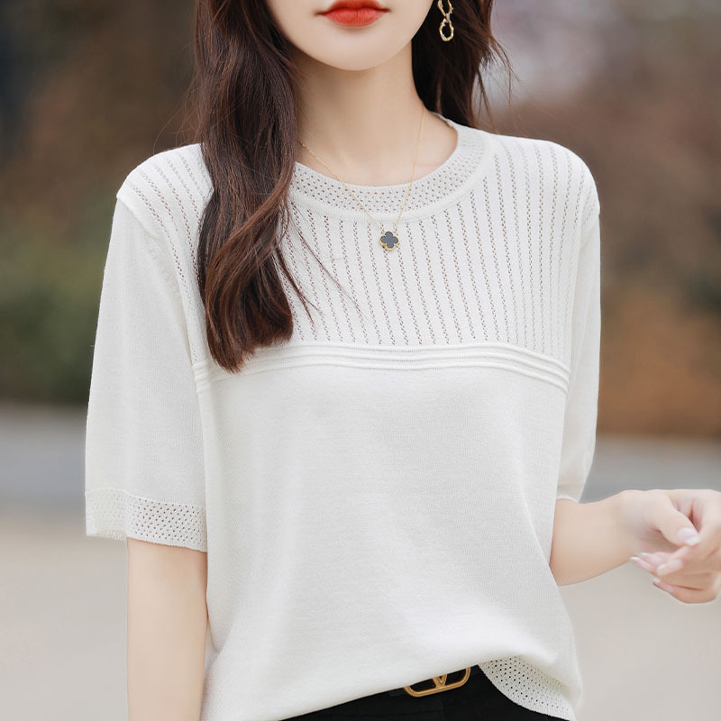 Ljetni jednobojni pleteni top od ledene svile s kratkim rukavima, novi stilski dizajn, smisao za majke srednjih godina, ženske majice s polurukavima