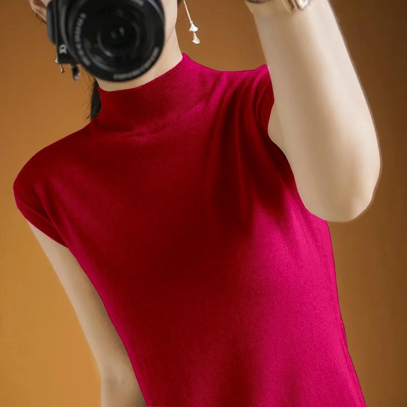 Dámske tenké letné tričko s krátkym rukávom a polovičným výstrihom, dámske pletené voľné tričko bez rukávov, dámske spodné tričko