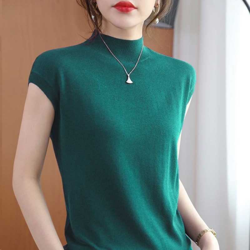 Dámske tenké letné tričko s krátkym rukávom a polovičným výstrihom, dámske pletené voľné tričko bez rukávov, dámske spodné tričko