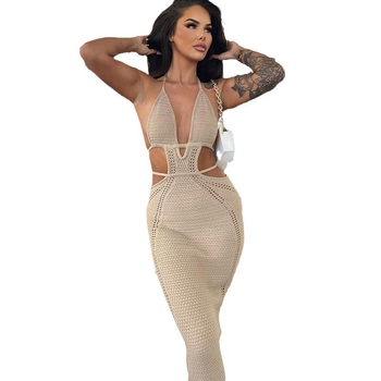 Tarpvalstybinis europietiško ir amerikietiško stiliaus seksualus paplūdimio suknelės gatvės stilius grynas norų kabantis kaklo apvyniojimas krūtinės tuščiaviduris nėrinių suknelė moterims