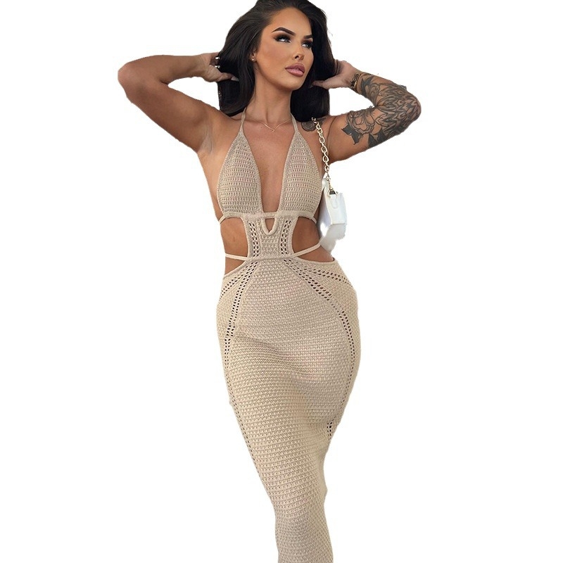 Tarpvalstybinis europietiško ir amerikietiško stiliaus seksualus paplūdimio suknelės gatvės stilius grynas norų kabantis kaklo apvyniojimas krūtinės tuščiaviduris nėrinių suknelė moterims