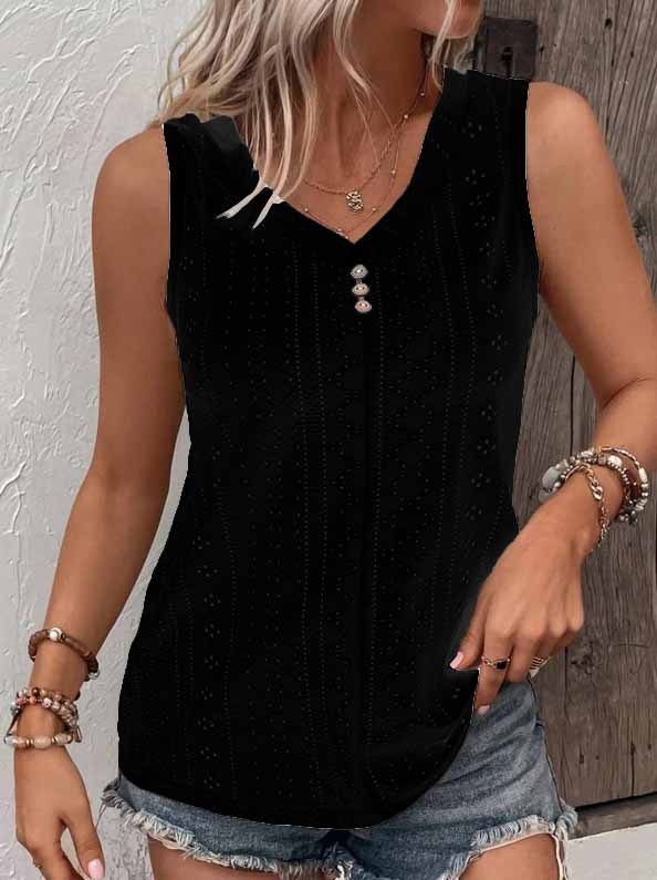 Pliusinio dydžio didelių dydžių liemenė su skylutėmis ir sagomis, laisvalaikio stiliaus V formos iškirptės palaidinė be rankovių, pavasario ir vasaros drabužiai moterims