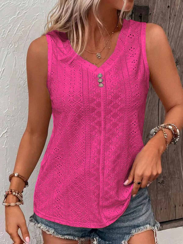 Pliusinio dydžio didelių dydžių liemenė su skylutėmis ir sagomis, laisvalaikio stiliaus V formos iškirptės palaidinė be rankovių, pavasario ir vasaros drabužiai moterims