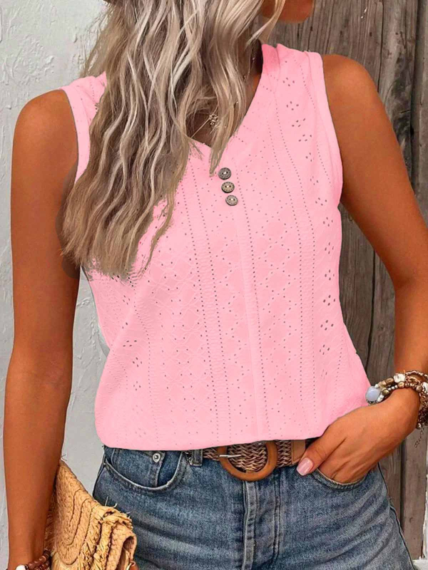 Pliusinio dydžio didelių dydžių liemenė su skylutėmis ir sagomis, laisvalaikio stiliaus V formos iškirptės palaidinė be rankovių, pavasario ir vasaros drabužiai moterims