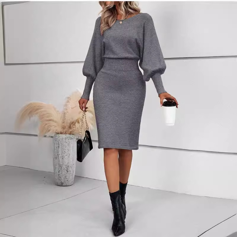Jesenska i zimska pletena haljina za vanjsku trgovinu, europski i američki stil, seksi čista boja, hip suknja, elegantna tanka pletena suknja za žene