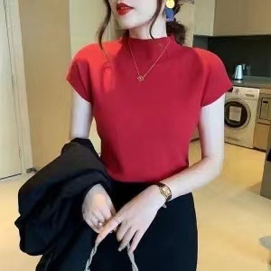 Nova poluvisoka ovratnica, ženska majica s kratkim rukavima, crna, ženska ljetna majica, tanka, labava, vanjska trgovina na veliko