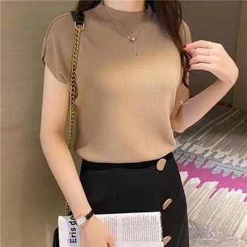 Nova poluvisoka ovratnica, ženska majica s kratkim rukavima, crna, ženska ljetna majica, tanka, labava, vanjska trgovina na veliko