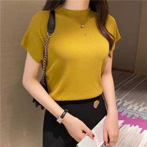 Nova poluvisoka ovratnica, ženska majica s kratkim rukavima, crna, ženska ljetna majica, tanka, labava, vanjska trgovina na veliko