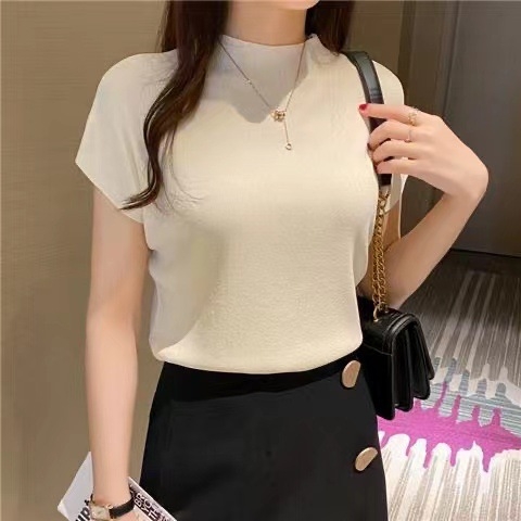 Nova poluvisoka ovratnica, ženska majica s kratkim rukavima, crna, ženska ljetna majica, tanka, labava, vanjska trgovina na veliko