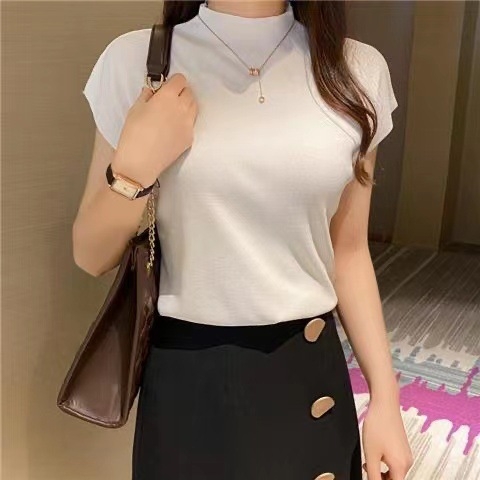 Nova poluvisoka ovratnica, ženska majica s kratkim rukavima, crna, ženska ljetna majica, tanka, labava, vanjska trgovina na veliko