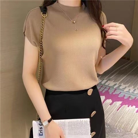 Nova poluvisoka ovratnica, ženska majica s kratkim rukavima, crna, ženska ljetna majica, tanka, labava, vanjska trgovina na veliko