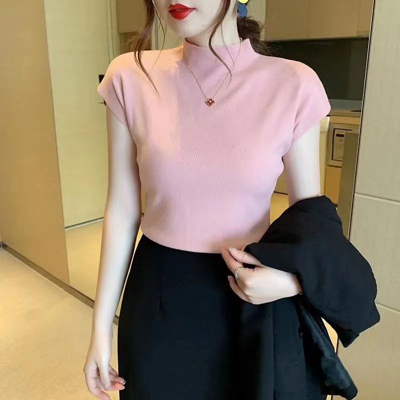 Nova poluvisoka ovratnica, ženska majica s kratkim rukavima, crna, ženska ljetna majica, tanka, labava, vanjska trgovina na veliko