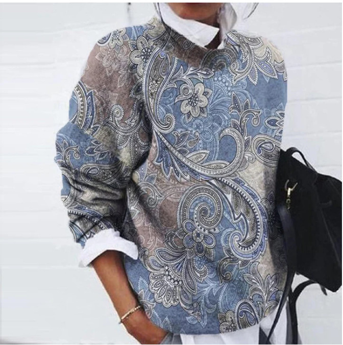 #9298 Europa i Amerika Prekogranična Amazon želja Vanjska trgovina Ženska moda Brušenje Cvjetni print Loose Long Sleeve Top