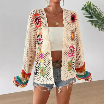 Etnický vintage háčkovaný dúhový kardigan s dlhým rukávom, náhodné farebné bloky, ručne háčkovaný sveter s dutým pleteným topom