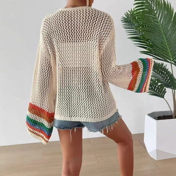 Etnický vintage háčkovaný dúhový kardigan s dlhým rukávom, náhodné farebné bloky, ručne háčkovaný sveter s dutým pleteným topom