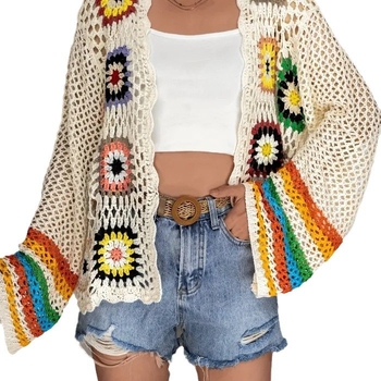 Etnický vintage háčkovaný dúhový kardigan s dlhým rukávom, náhodné farebné bloky, ručne háčkovaný sveter s dutým pleteným topom